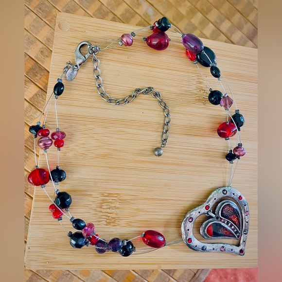 Chicos Red & Black Multi Strand Silver Heart Pendant Necklaces + Dangle Earrings - Picture 10 of 14